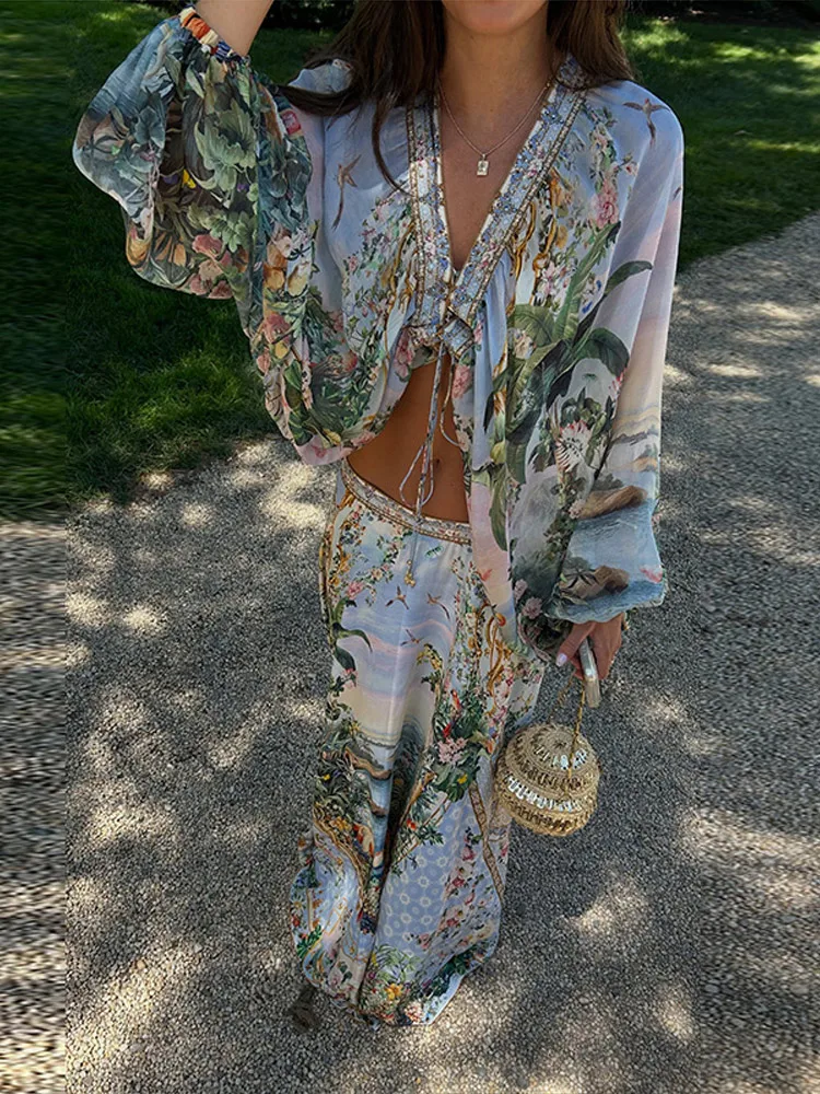Beach Bohemian Floral Matching Set V Neck Tie Front Crop Top Elastic Waist Tiered Ruffle Maxi Skirt 2026 Vacation 2 Piece Outfit view 4