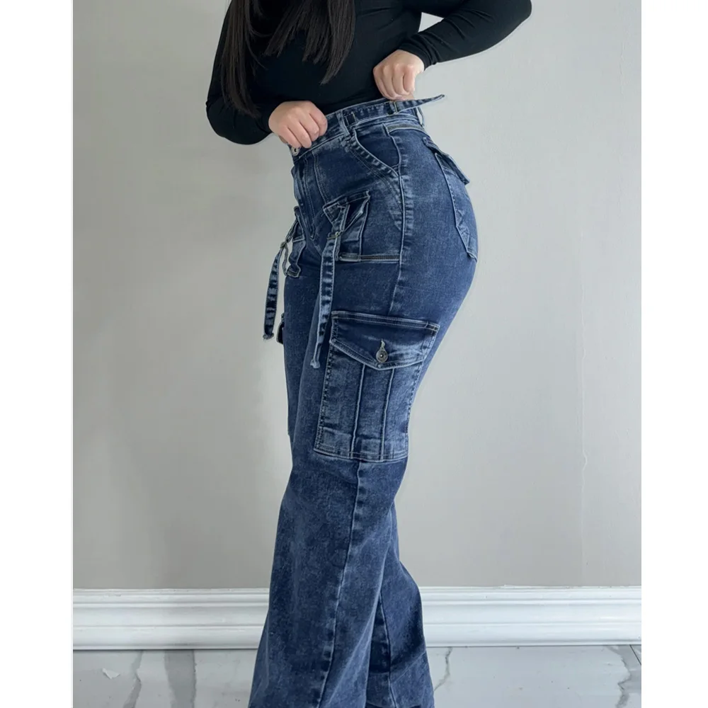 High waist Multi-Pocket Cargo Jeans Women's Wide Leg Pants Loose Design Y2k Jeans Retro Streetwear High Street Trousers