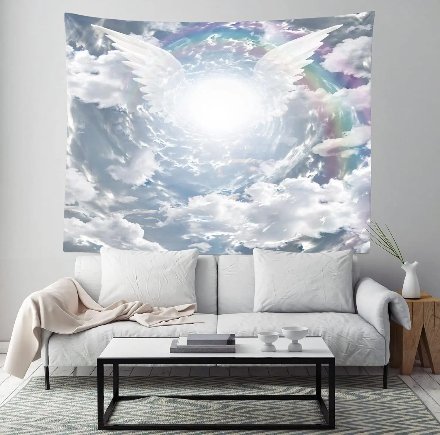 Fantasy Angel Wings Tapestry Clouds Light Tunnel Wing Tapestry Wall Hanging Rainbow White Wings Sunshine Wall Tapestry for Girls