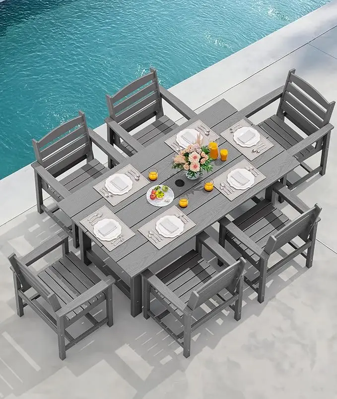 Outdoor HDPE Dining Table Set, 7-Piece Outdoor Dining Table Sets with Umbrella Hole Cut-Out Table and 6 Chairs, Gray