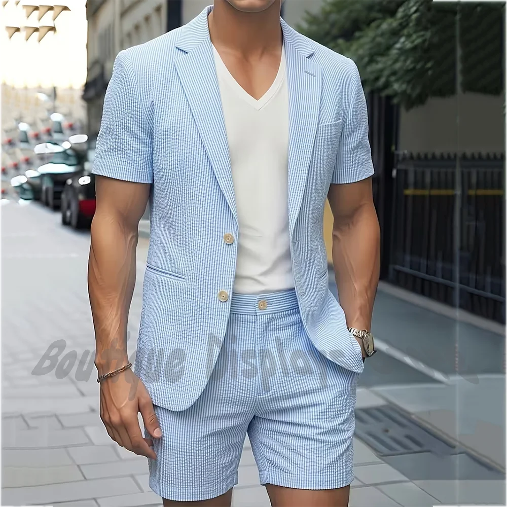 

Sky Blue Men's Two Pieces Short Suit Set Nocth Lapel Single Breasted Bubble Striped Casual Summer Beach Daily Casual Outfit