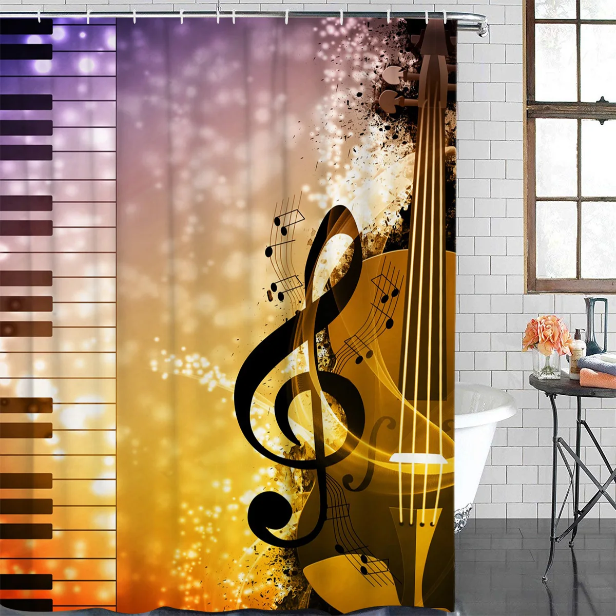 Piano Cello Music Note Waterproof Bathroom Decoration Shower Curtain With Hook Printed Bathtub Curtains Bathroom Accessories