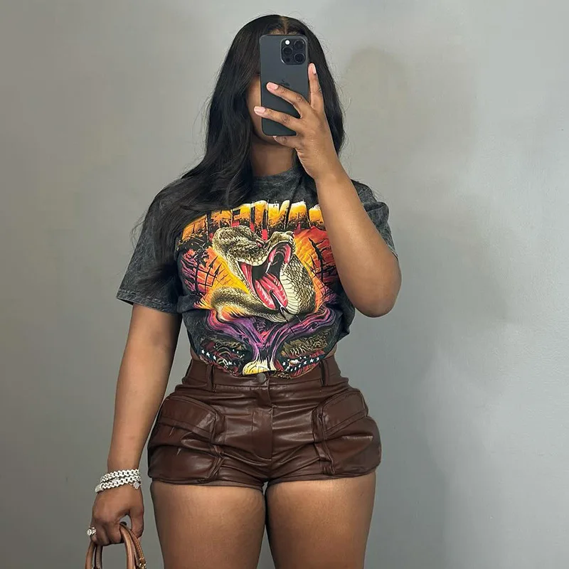 ANJAMANOR Brown PU Leather High Waist Shorts Women Clothing Autumn 2024 Fashion Sexy Pockets Cargo Short Pants D85-EZ14