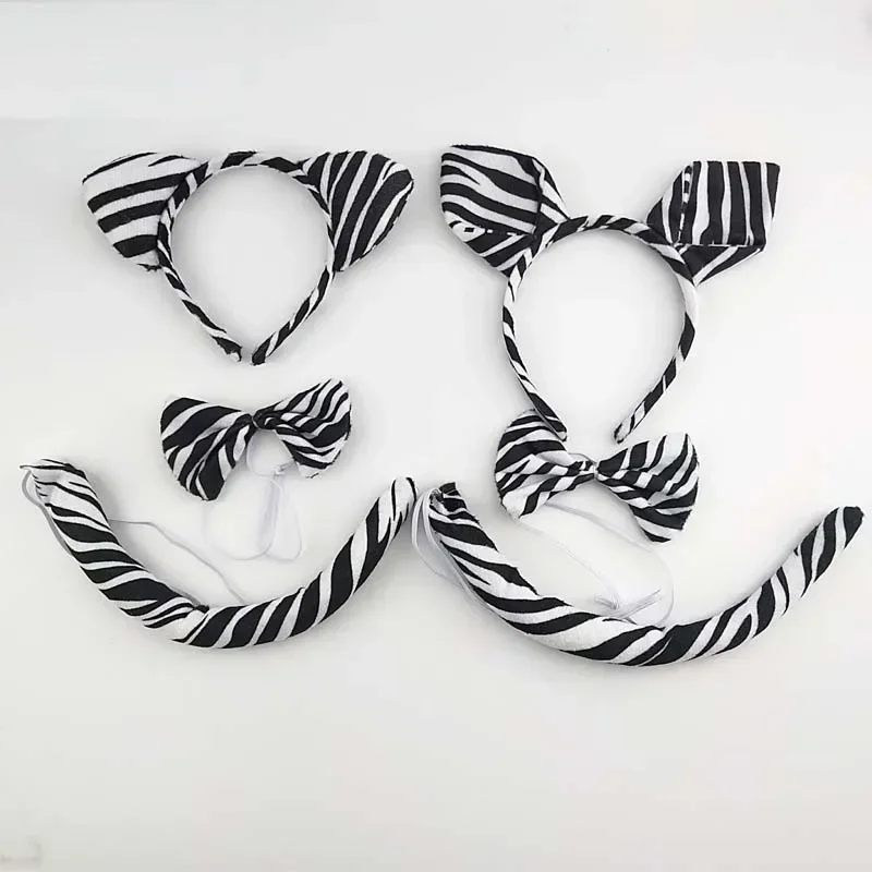 Adults Kids Plush Cartoon Animal Zebra Ear Headband Hairband Tail Bow Birthday Party Gift Cosplay Costume Halloween