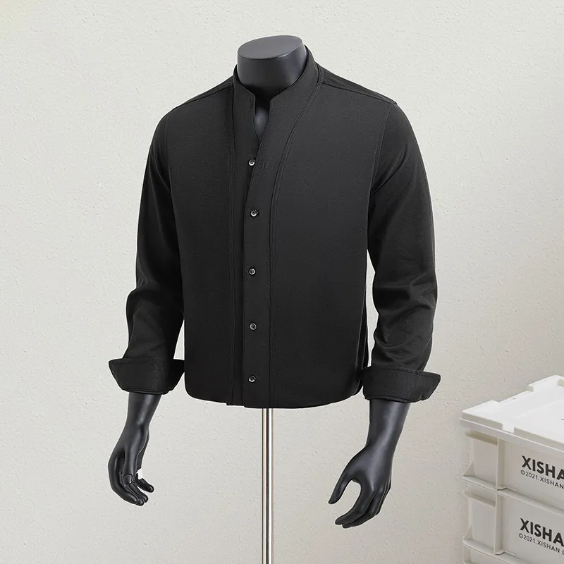 Spring Men's V-neck Long Sleeved Shirt Fashion Business Casual Formal Shirt Solid Color Versatile Office Social Uniform Shirts