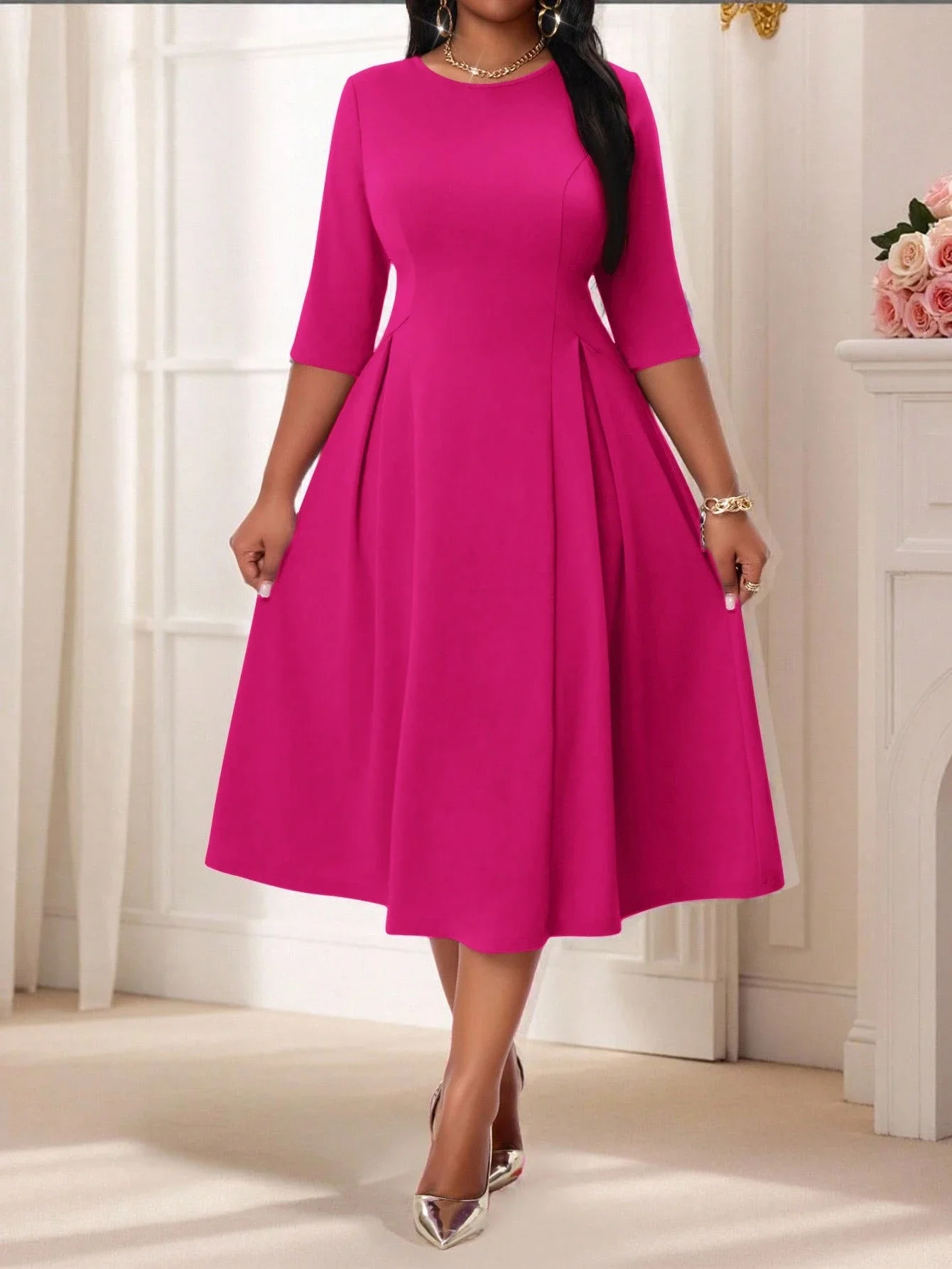 

Elegant Fuchsia Plus Size Midi Dress With Three Quarter Sleeve A-Line Formal Party Dress