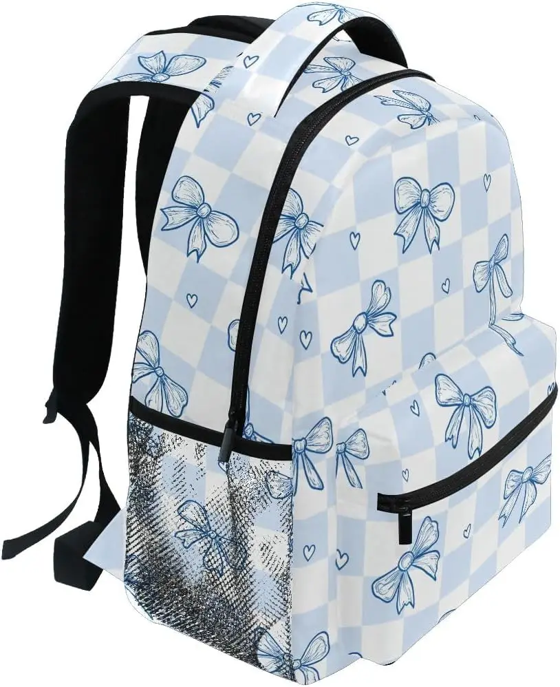 Light Blue Checkered Bow Print Backpack Cute Heart Pattern School Bag Lightweight Casual Daypack For Students Travel Daily Use