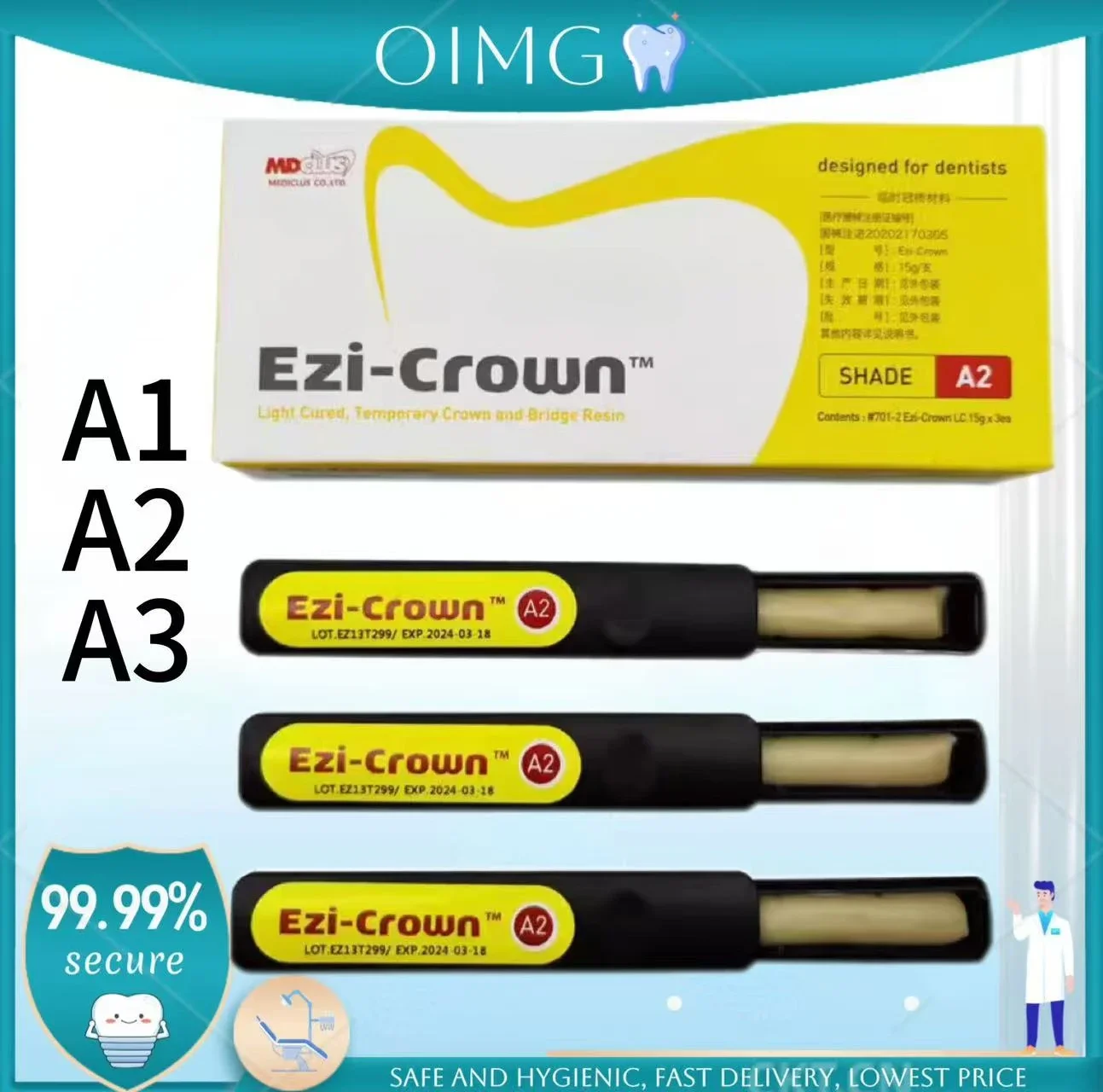 

1Box Dental A1 A2 A3 Temporary Crown and Bridge Resin Material Ezi Crown Light Cure Temp Inlay Relining Shade Impression