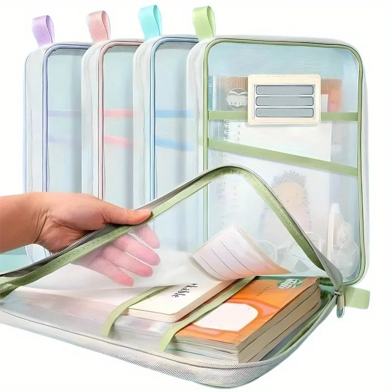 A4 Zipper File Bag Nylon File Organizer Three-Layer Thickened Mesh Cloth Transparent Bag Suitable for Books