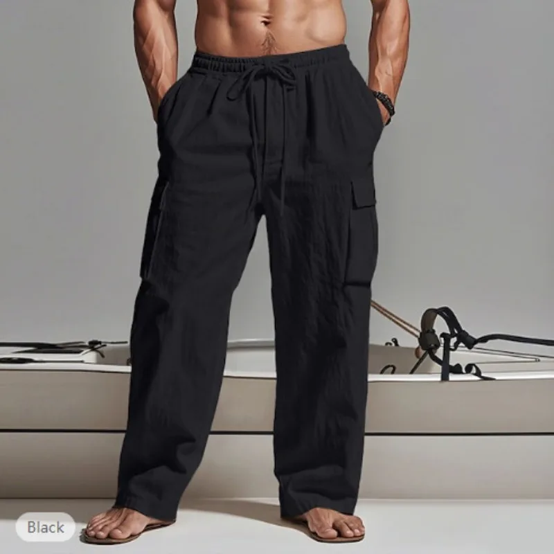 Men's Solid Color Tooling Trousers Drawstring Elastic Multi-pocket Wide Tube Men's Casual Pants
