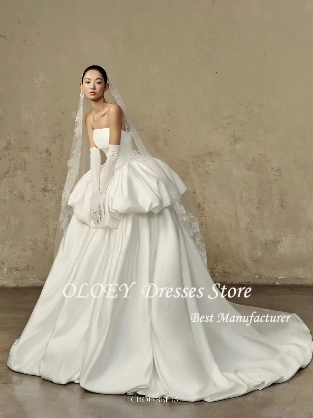 OLOEY カスタムメイド ストラップレス 韓国風 ウェディングドレス 写真撮影用 Aライン サテン バックレス フロア丈 ブライダルガウン 웨딩드레스