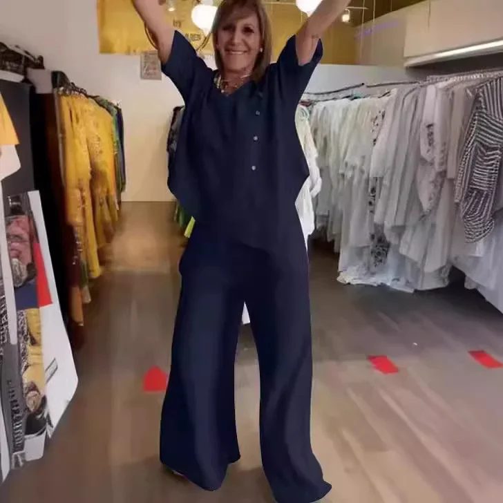 Loose Casual Cotton Linen 2 Piece Set Fashion Solid Round Neck Half Sleeve Button Pullover Top Elastic Waist Wide Leg Pants Set