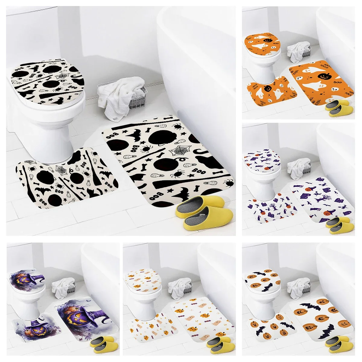

3pcs Autumn Halloween Bathroom Set: Nordic Style Non-Slip Bath Mat Door Mat U-Shaped Pad - Pumpkin Decor for Home Entrance &Bath