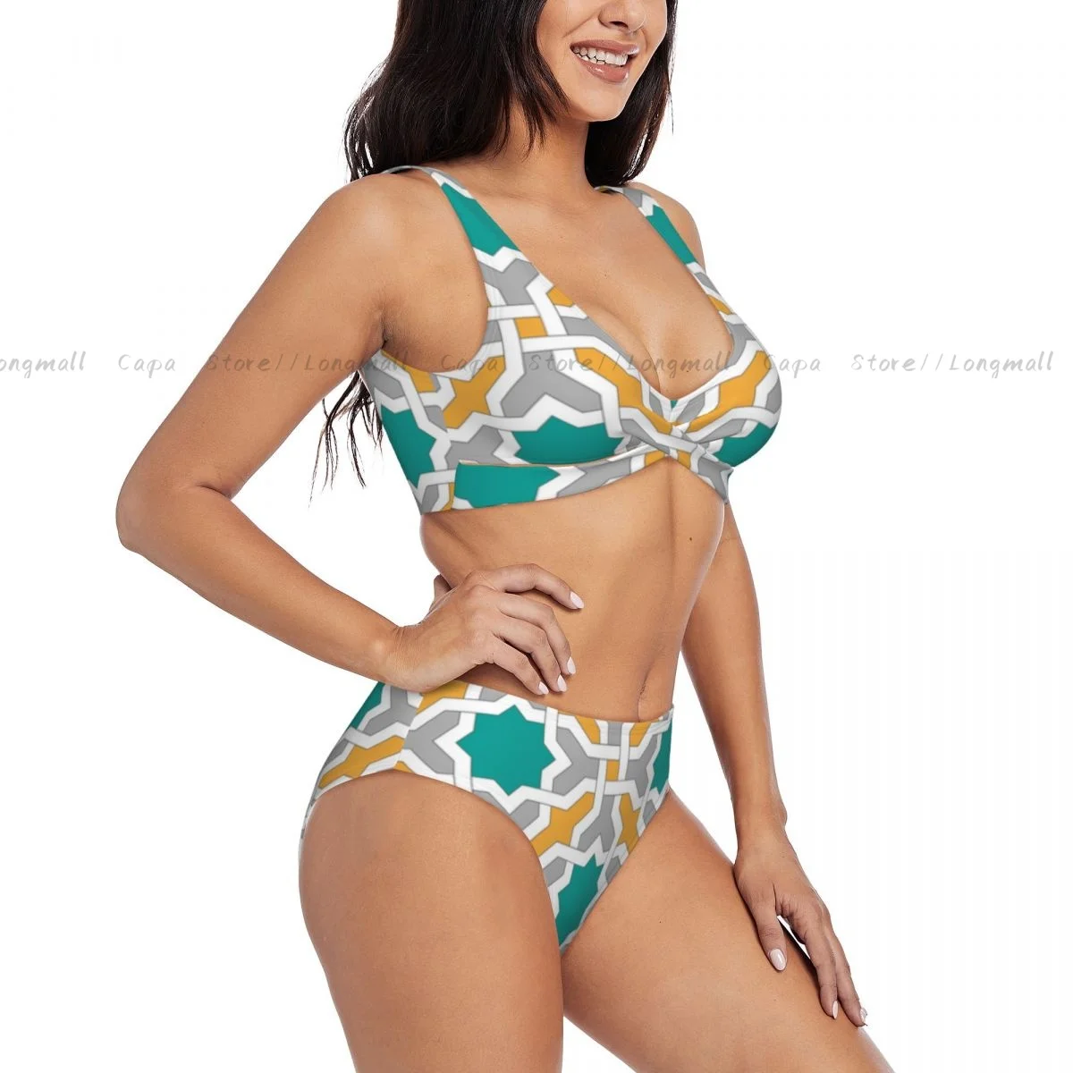 

Women Bikini Set Abstract Geometric Pattern Eastern Oriental Symmetric Print Swimsuit Push Up Female Swimwear Bathing Suit