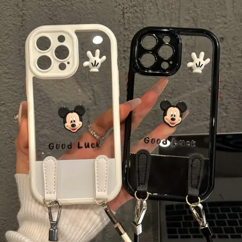 

Черно-белый кожаный чехол для телефона с Микки Маусом Disney для iPhone 16, 15, 14, 13, 12, 11 Pro Max XR XS Max 7, 8 Plus, полное покрытие