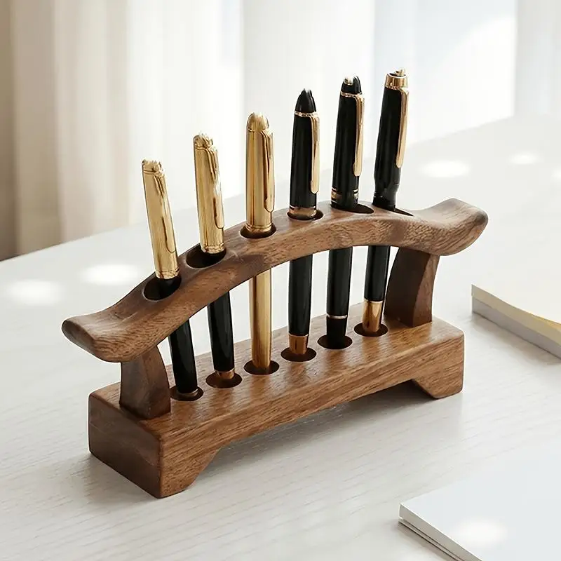 Solid Walnut Wood Desk Organizer Multifunction Pen Holder Rack Compact Desktop Storage for Small Office Desks