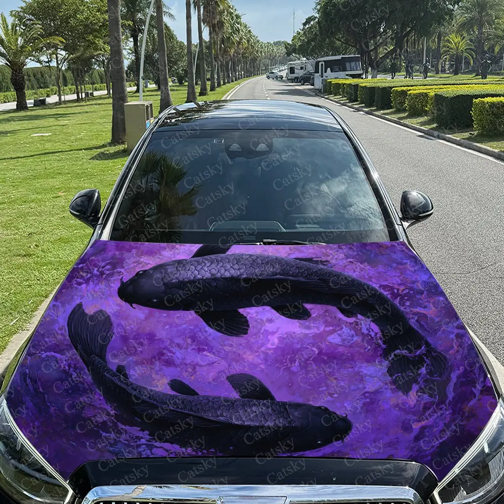 

Purple Nebula Koi Car Hood Vinyl Wraps, PVC Waterproof Car Bonnet Decals, Self-Adhesive Scratch-Resistant Stickers For Engine Co