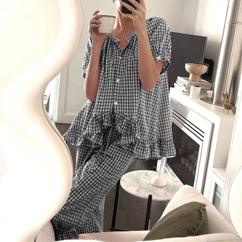 Spring Plaid Print Homewear Women Set Sexy Low Collar Button Ruffle Shirt Top Long Pants Outfit Summer Short Sleeve Leisure Suit