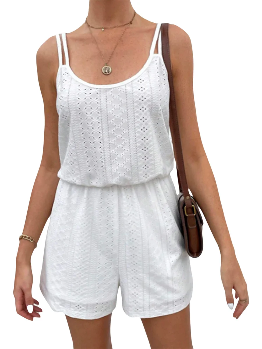 

White Flower Cutout Rompers Women’s Summer Spaghetti Strap O Neck Shorts Playsuits Holiday Beach Casual Streetwear Outfit