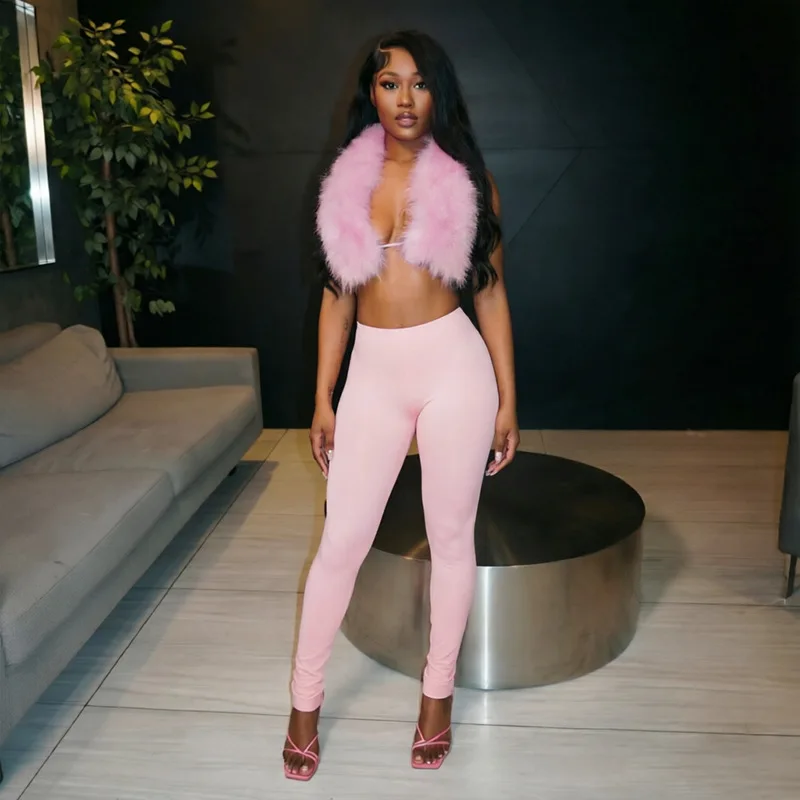Women Chic Sexy 2 Piece Set Faux Fur V-neck Halter Backless Lace Up Vests Crop Tops + High Waist Skinny Pants Slim Casual Suits