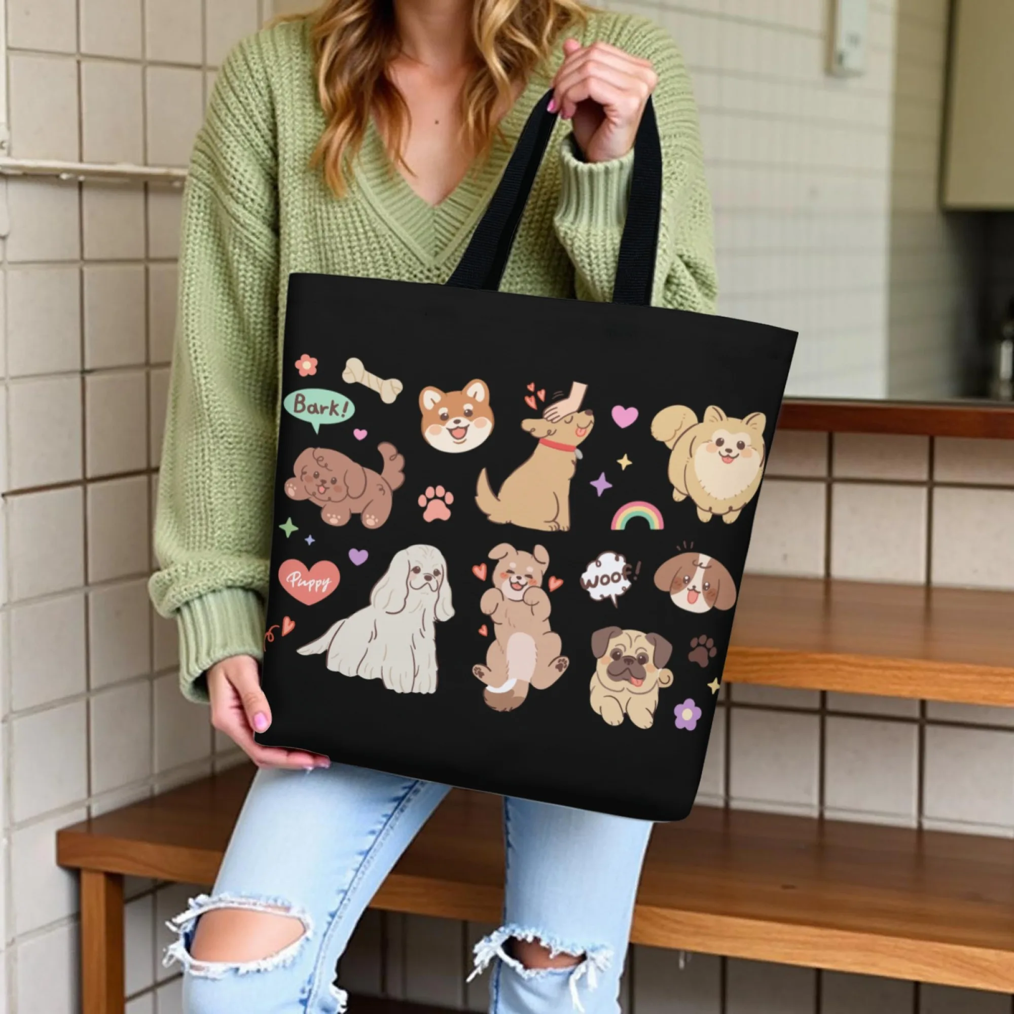 

Women's Minimalist Kawaii Multi-Dog Canvas Tote Bag Black Dog Reusable Shopping Bag for Daily Use Work Lightweight Durable