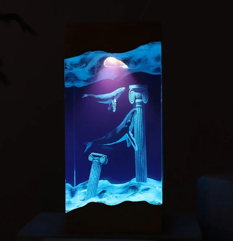 Epoxy Resin Ocean Mother and Son Humpback Whale Night Light Crafts Underwater Relics Atmosphere Light Desktop Decoration Gift
