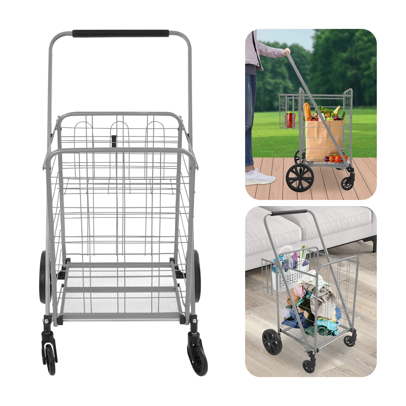 Carro de compras de doble cesta Buena capacidad de carga 50 KG XL Carro de compras plegable Cesta doble con 4 * ruedas