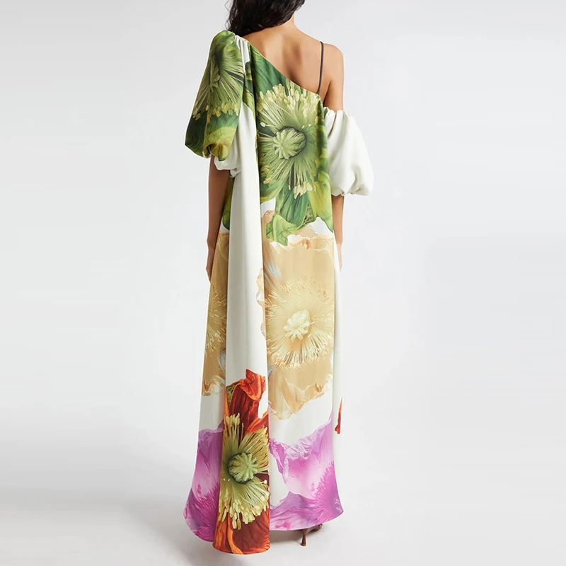 Böhmisches Damenkleid mit schrägem Ausschnitt und Puffärmeln, Blumendruck, schulterfrei, lockeres langes Kleid, modisches, ausgehöhltes Urlaubs-Robenkleid