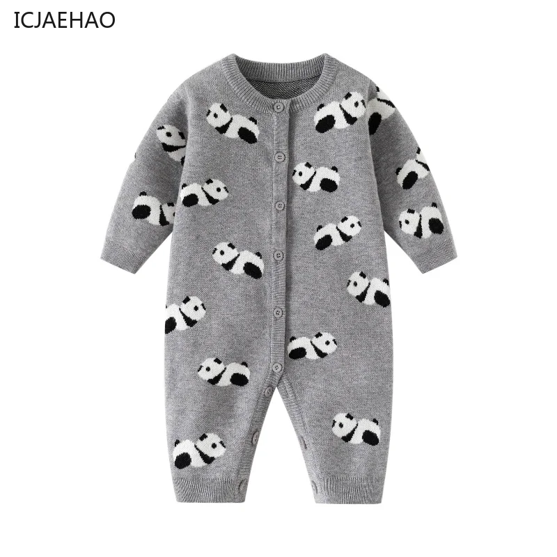 ICJAEHAO 2024 Kids Children Grey Cute Panda Baby Wool Sweaters Autumn Clothes New Knitwear Bodysuit Baby Haggown Climbing Suit