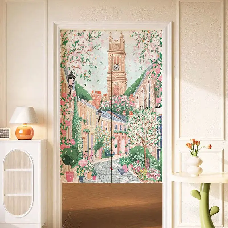 VIKAMA Japanese Oil Painting Town Floral Noren Doorway Curtain Room Divider Tapestry for Living Room Entryway Home Art Decor