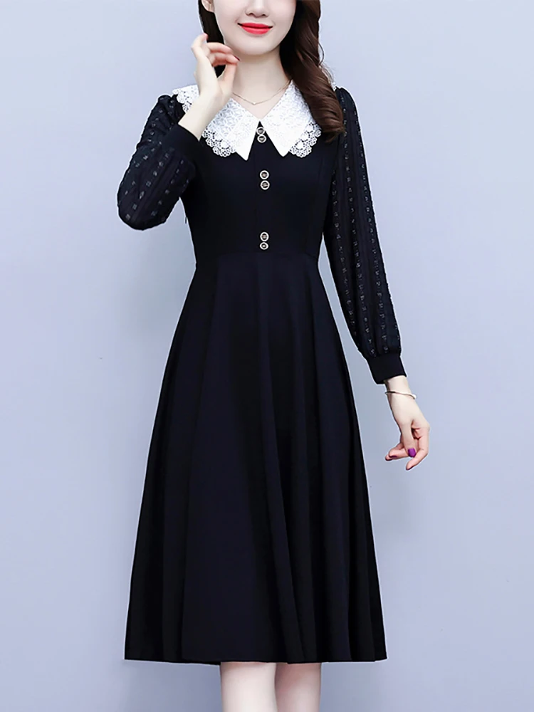 blue dress for baby girl 1950s Lace Collar Black Cotton Button Down Shirt Dress