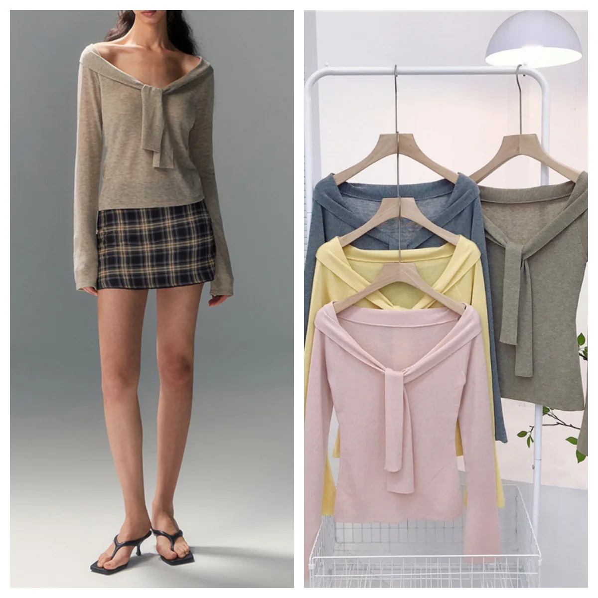 

2025 Wool Blended One-word Neck Off-the-shoulder Lace-up Knitted Sweater New Soft Waxy Sweater in Autumn and Winter