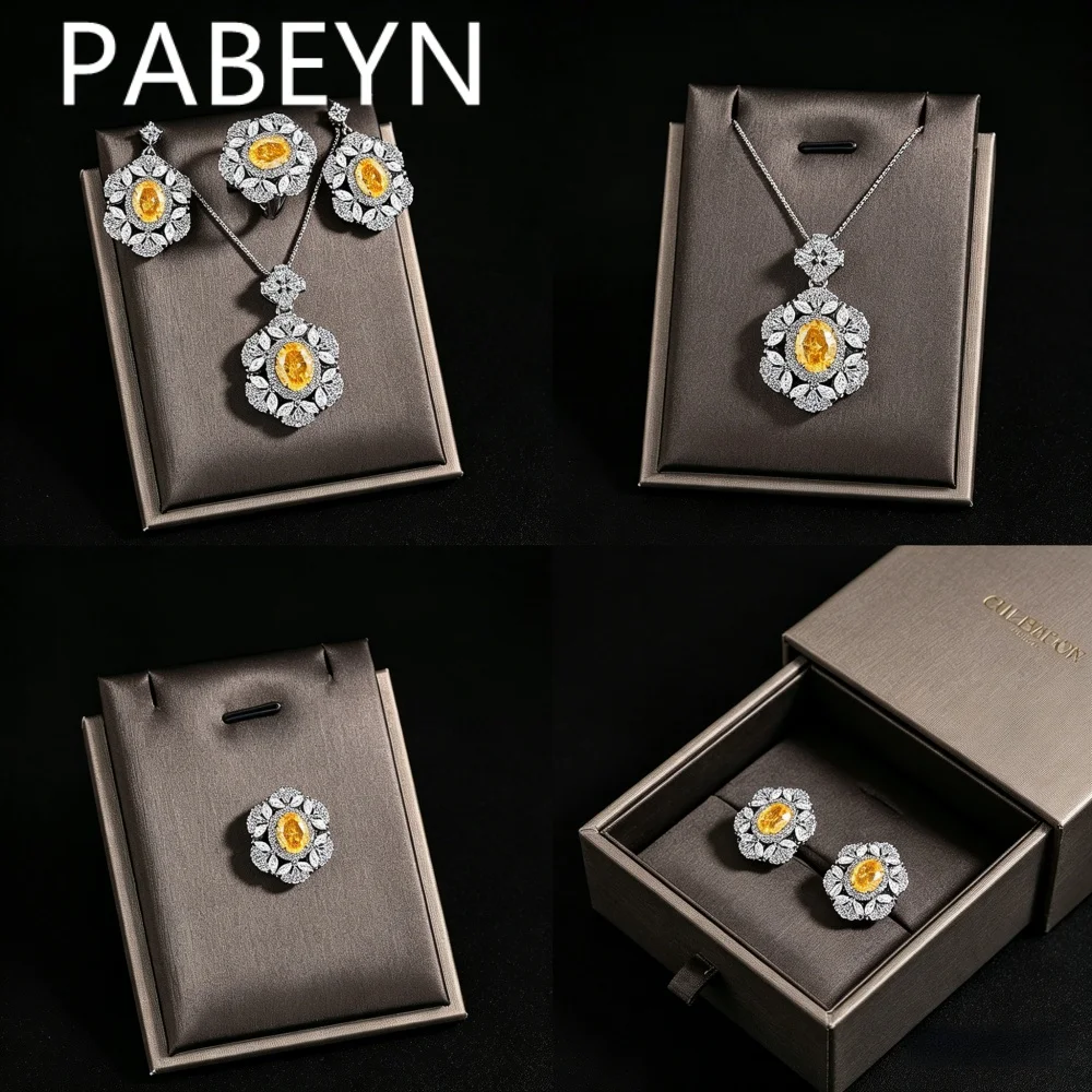 925 Sterling Silver Temperament Light Luxury Golden Citrine Zircon Fat Square Petal Ring Earrings Necklace Set Ladies Jewelry