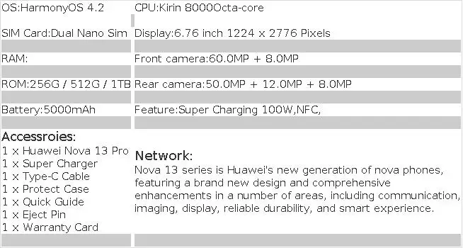 2024 Original Huawei Nova 13 Pro 5G Mobile Phone 6.76 Inches 120Hz Screen Kirin 8000 HarmonyOS 4.2 Battery 5000mAh AI Smartphone