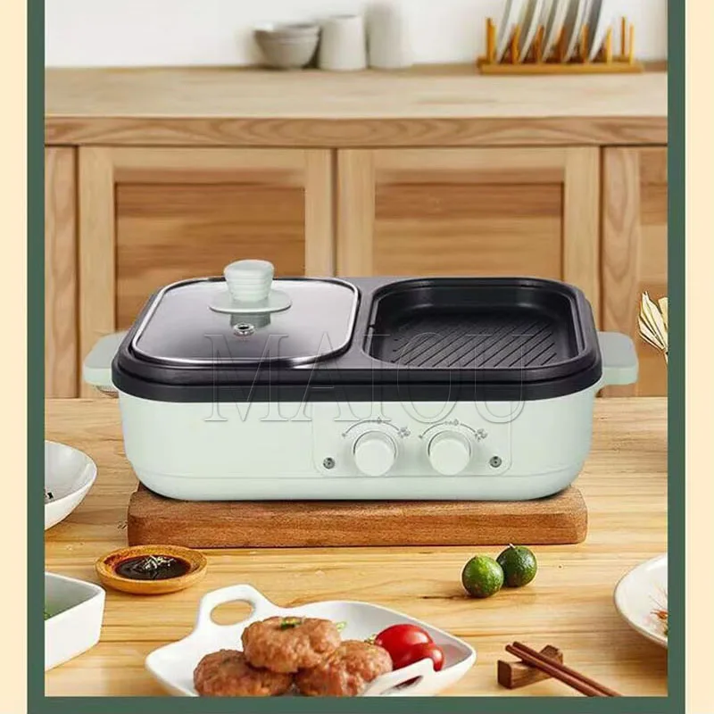 110 فولت 220 فولت 1300 واط 2 في 1 وعاء تسخين كهربائي طباخ شواء شواء متعدد الطباخ الكهربائية غير عصا لوحة الشواء عموم وعاء الطبخ