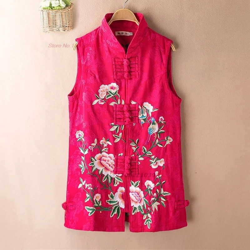 

2025 chinese vintage jacquard folk vest national flower embroidery stand collar vest oriental sleeveless jacket retro hanfu tops
