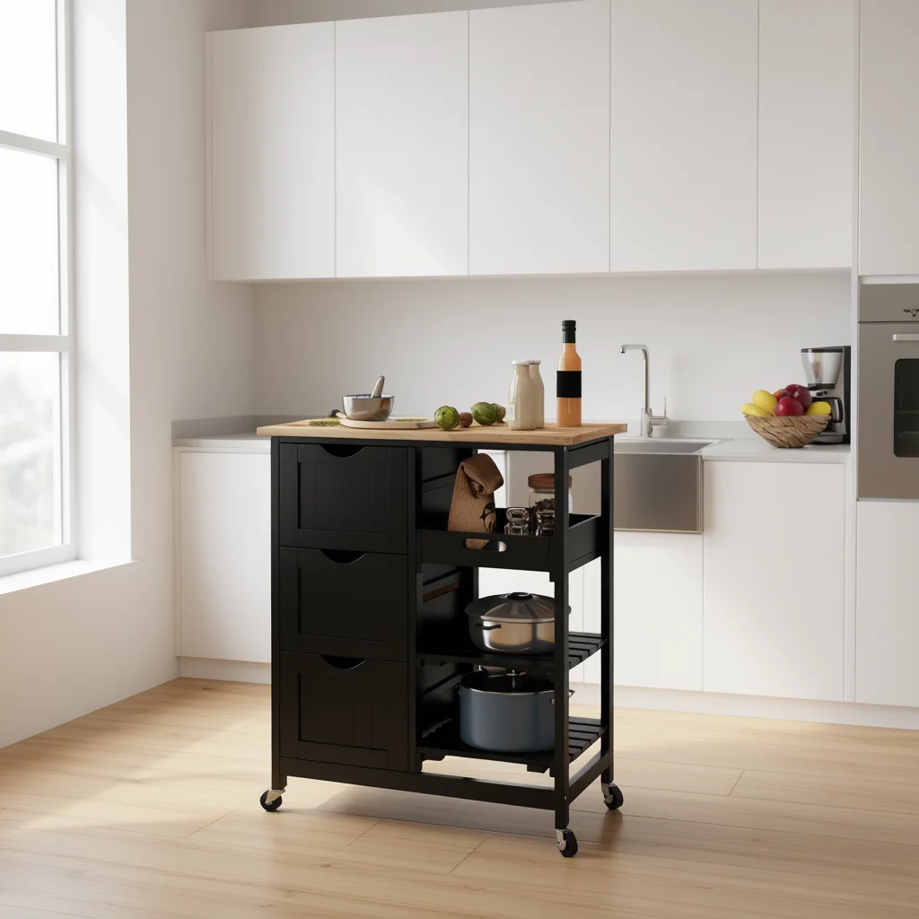 Wheeled kitchen island, wooden countertops, multifunctional kitchen cart