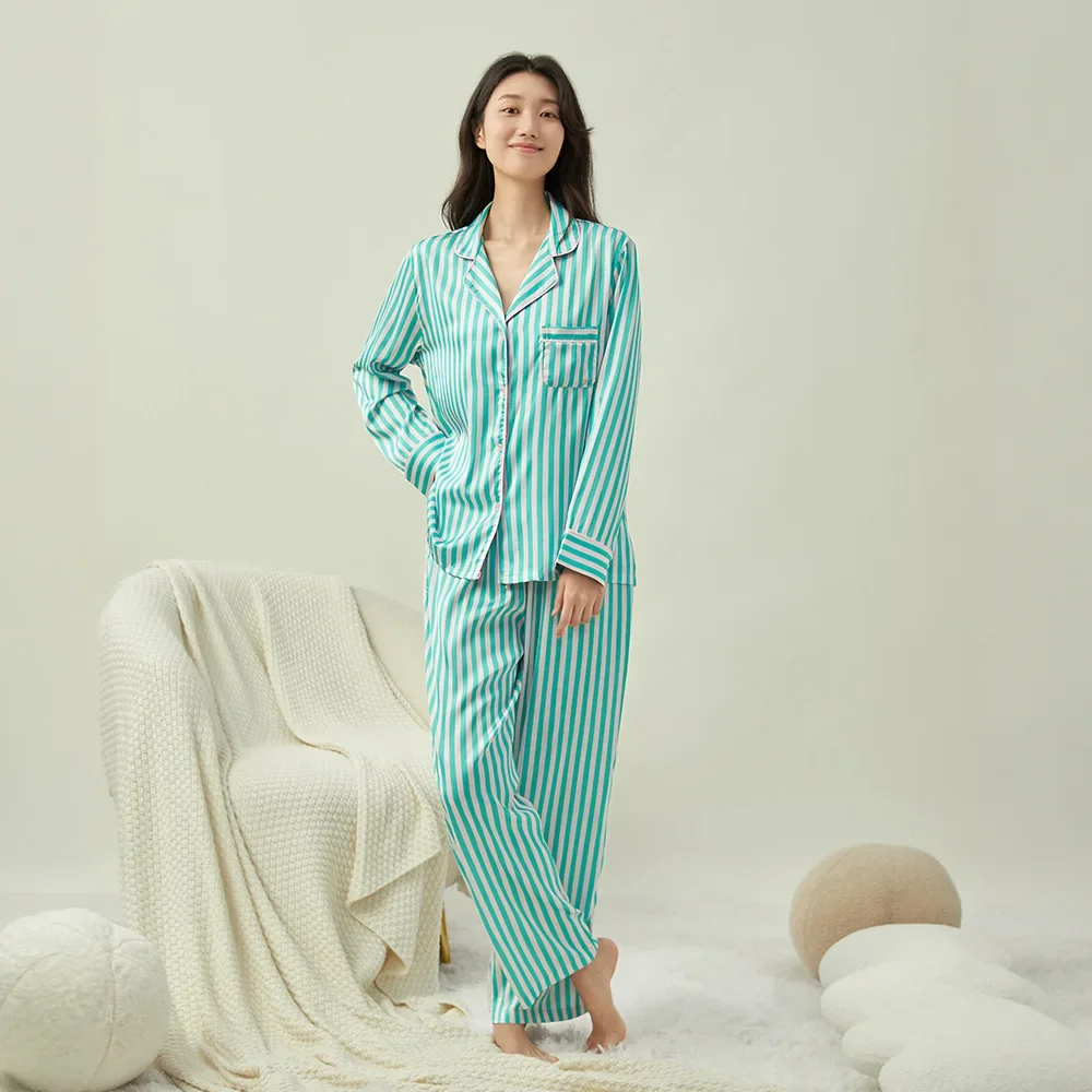 Secret new lapel long-sleeved pink striped ice silk pajamas women\'s loungewear sweet suit pijamas inverno feminino pajama пижама