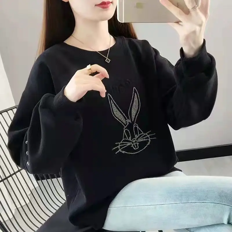 Women\'s Spring  Autumn Cartoon Bunny Studded with Diamonds in Sweatshirts Fitting Age Reducing Embroidery Long Sleeved Top