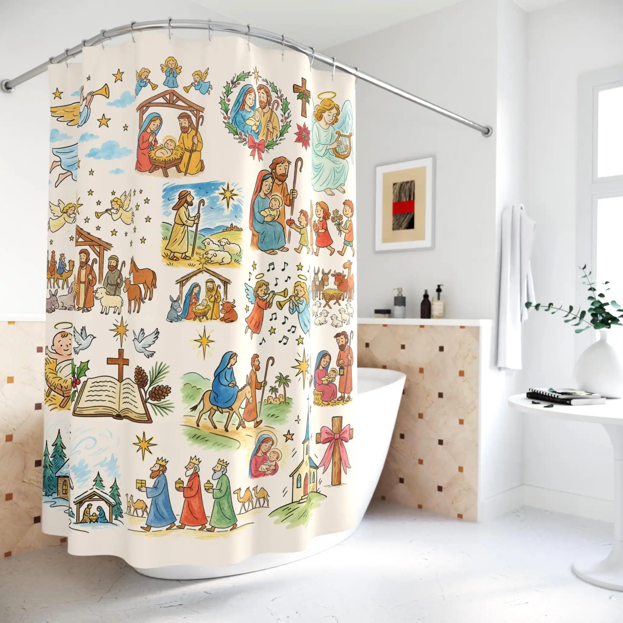 Colorful Religious Story Shower Curtain Christian Art Biblical Scenes Family Faith Bathroom Decor