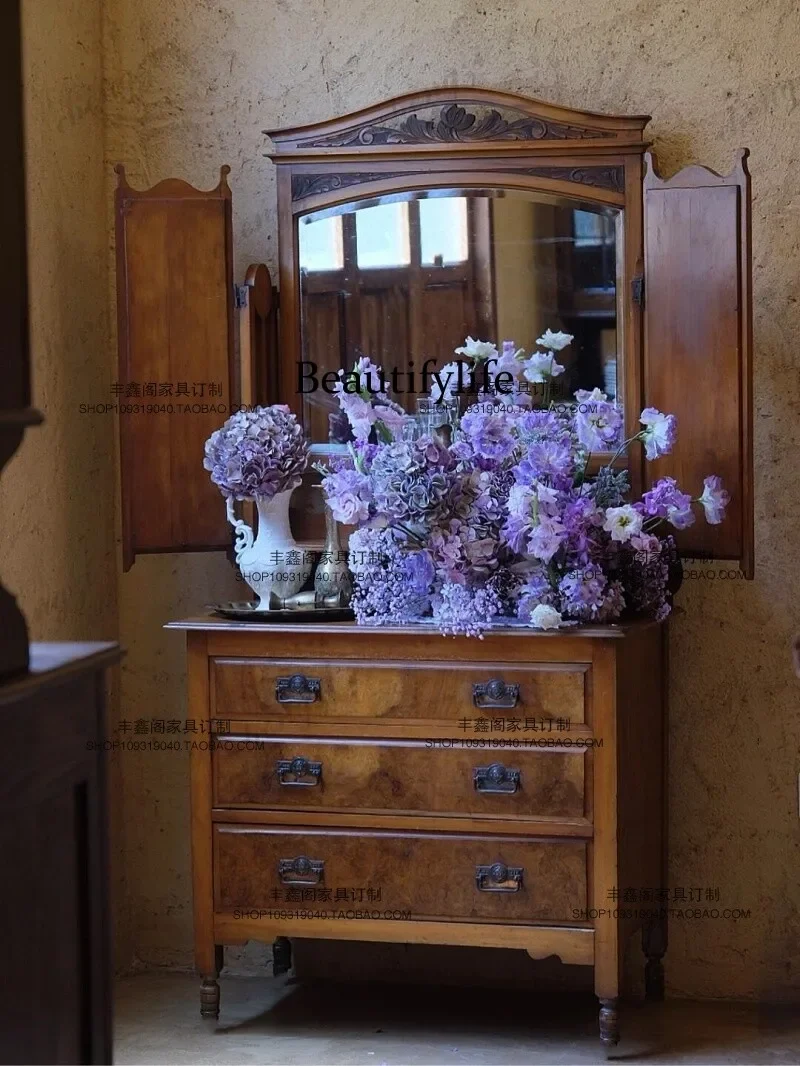 d178 Medieval solid wood carving flower dining side cabinet retro old locker storage studio B & B mirror display locker
