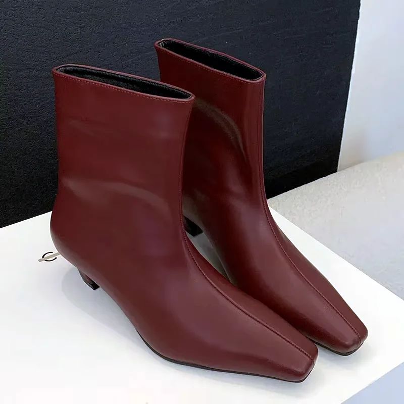 High Quality Soft Leather Designer Boots for Women Square Toe Chunky Low Heel Modern Boots Fashion Burgundy Casual Ankle Boots