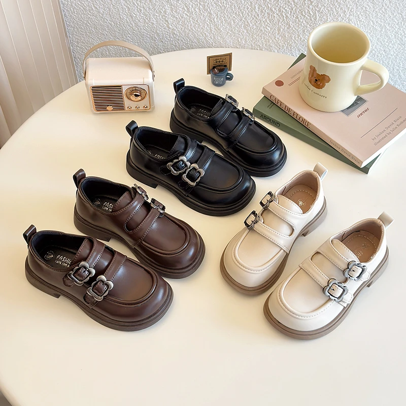 

Однотонные лоферы для девочек от 3 до 18 лет, бежевые детские туфли с пряжкой на ремне, черные нескользящие детские кожаные туфли