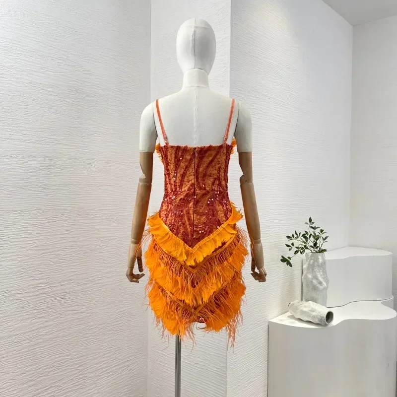 Worldcloset Female 2024 Personalized High Quality Sexy Orange Ostrich Feather Patchwork Deep  V Neck Mini Dress