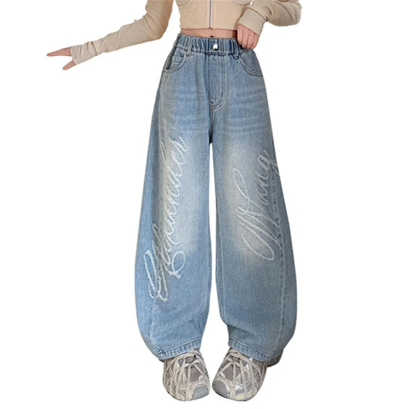 Children Fashion Street Hip Hop Letter Scratch Jeans Trousers For Girls Spring Casual Wide Leg Ripped Denim Pants For Kids 5-14Y