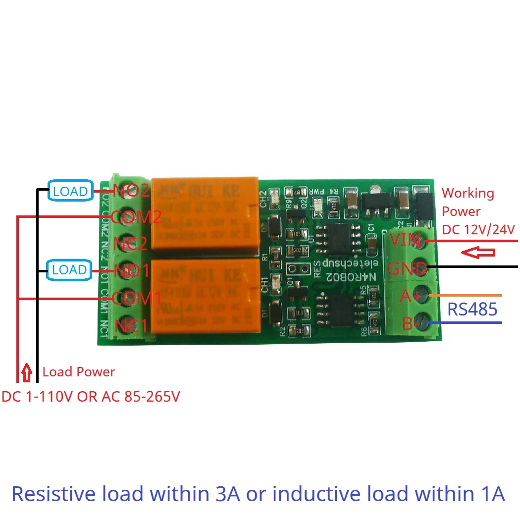 2CH مايكرو حجم 3A RS485 لوحة التتابع 12 فولت 24 فولت تيار مستمر ، Modbus RTU UART PC مفتاح التحكم المنفذ التسلسلي لأتمتة المنزل PLC الصناعية