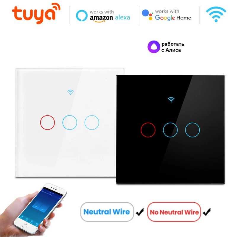 Tuya Smart Wifi Touch Light Switch Neutral Wire or No Neutral Wire Required Wall Switch 86 EU 1 2 3 Gang For Alexa Google Home