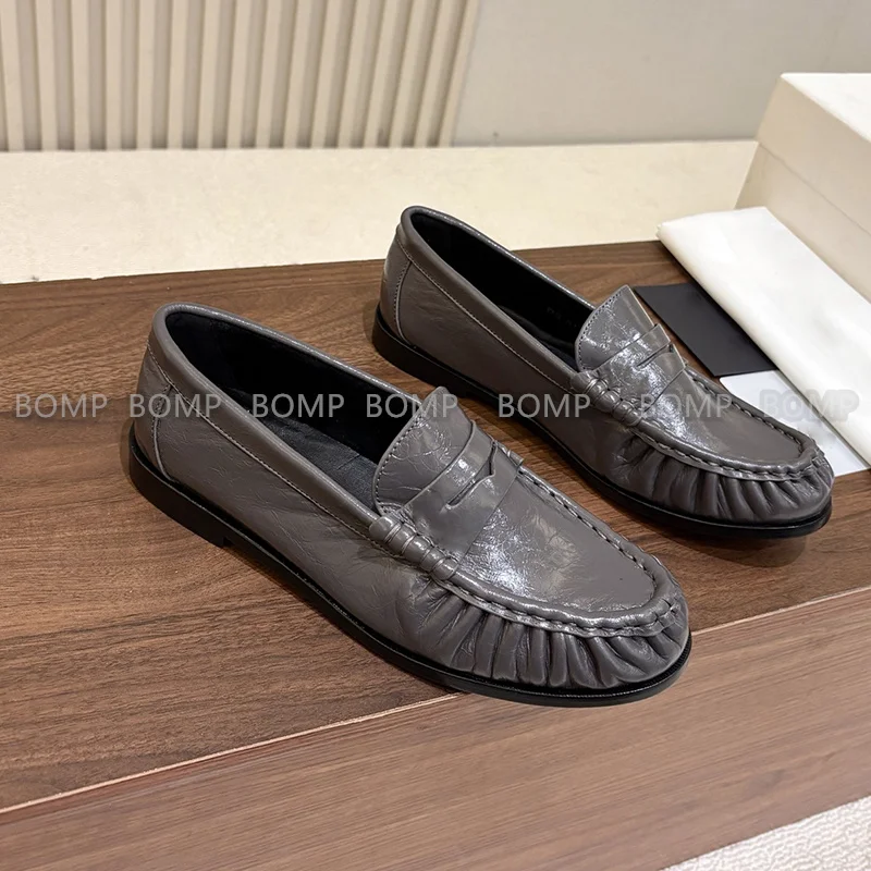 Women Genuine Leather Ruched Penny Loafers, Round Toe Flat Slip On Shoes, Vintage Soft Leather Office Daily Ladies Dress Shoes