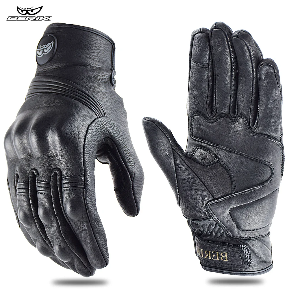 BERIK Summer Motorcycle Gloves 100% Real Leather Breathable Vintage Motorbike Riding Gloves Men Full Finger Motocross Guante