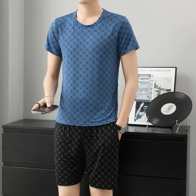 

Мужской комплект шорт с короткими рукавами, лето 2025 г., футболка из ледяного шелка, трендовая свободная повседневная спортивная мужская пижама с буквенным принтом, домашняя одежда, костюм